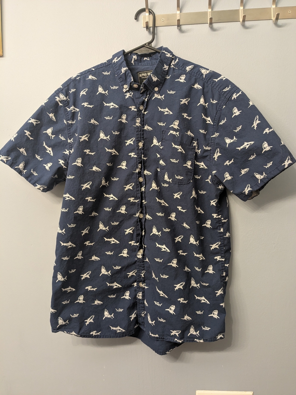 Alpha Beta navy blue shark print button-down shirt